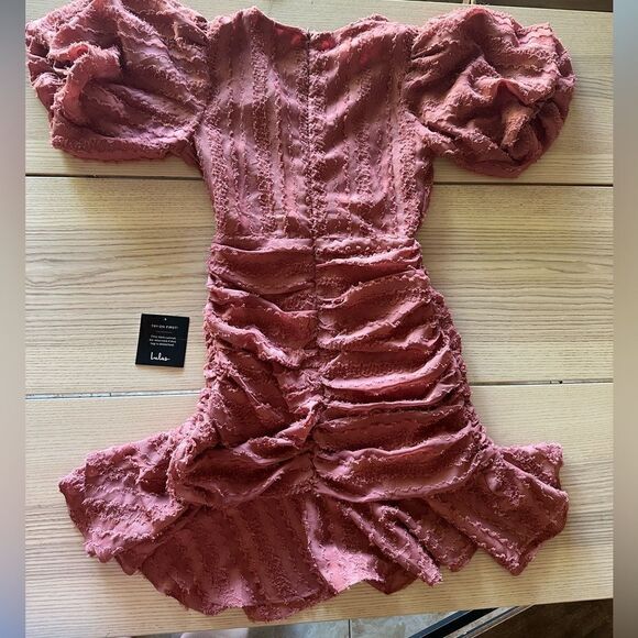 Lulu’s Cherish This Moment Rusty Rose Ruched Asymmetrical Mini Dress XS NWT - Picture 4 of 10